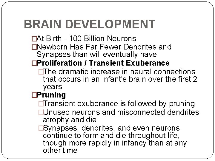 BRAIN DEVELOPMENT �At Birth - 100 Billion Neurons �Newborn Has Far Fewer Dendrites and