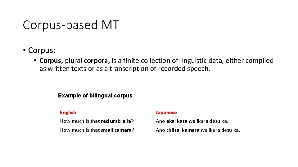 Corpus-based MT • Corpus: • Corpus, plural corpora, is a finite collection of linguistic Corpus-based MT • Corpus: • Corpus, plural corpora, is a finite collection of linguistic