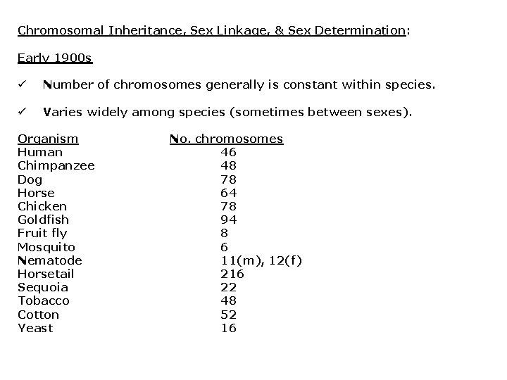 Chromosomal Inheritance, Sex Linkage, & Sex Determination: Early 1900 s ü Number of chromosomes