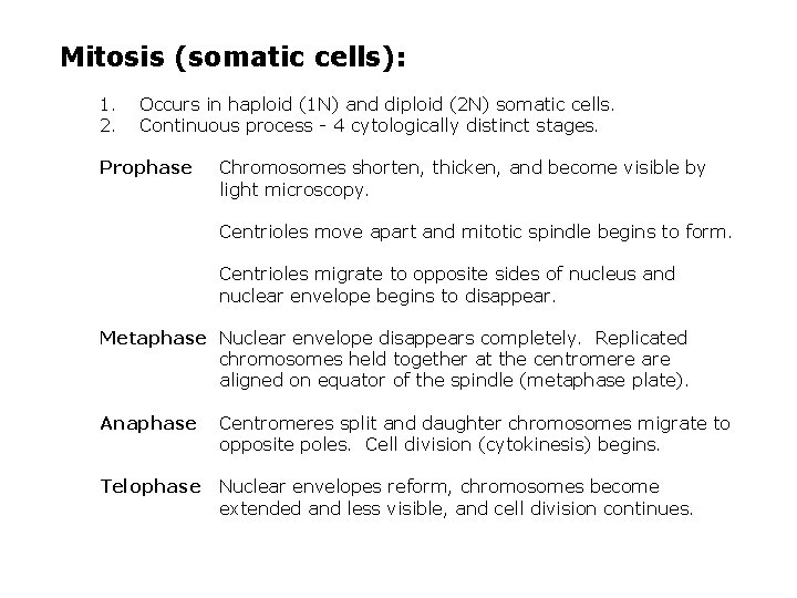 Mitosis (somatic cells): 1. 2. Occurs in haploid (1 N) and diploid (2 N)