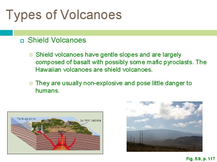 Types of Volcanoes Shield volcanoes have gentle slopes and are largely composed of basalt