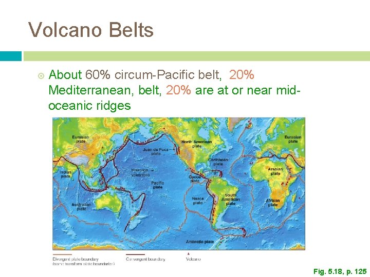 Volcano Belts About 60% circum-Pacific belt, 20% Mediterranean, belt, 20% are at or near