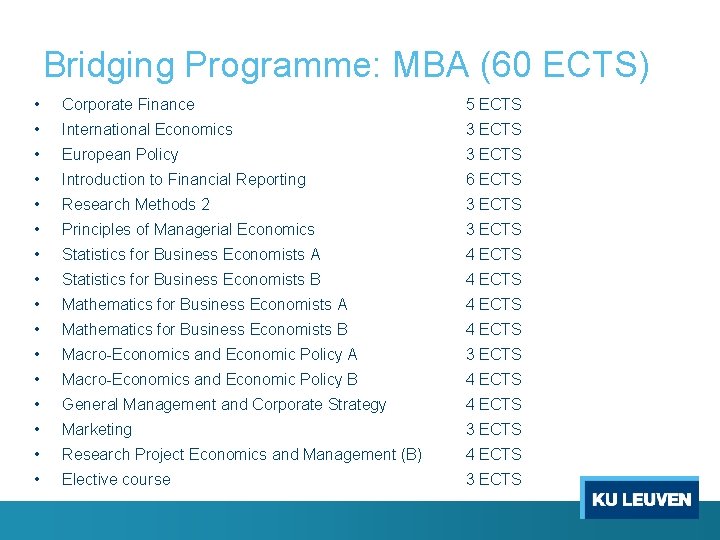Bridging Programme: MBA (60 ECTS) • • • • Corporate Finance 5 ECTS International