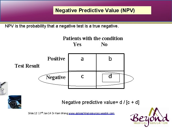 Negative Predictive Value (NPV) NPV is the probability that a negative test is a