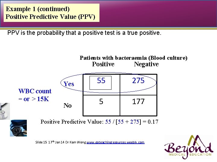 Example 1 (continued) Positive Predictive Value (PPV) PPV is the probability that a positive