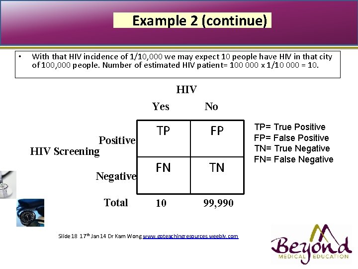 Example 2 (continue) • With that HIV incidence of 1/10, 000 we may expect