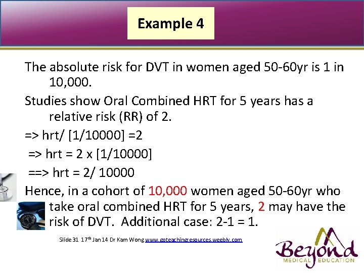 Example 4 The absolute risk for DVT in women aged 50 -60 yr is
