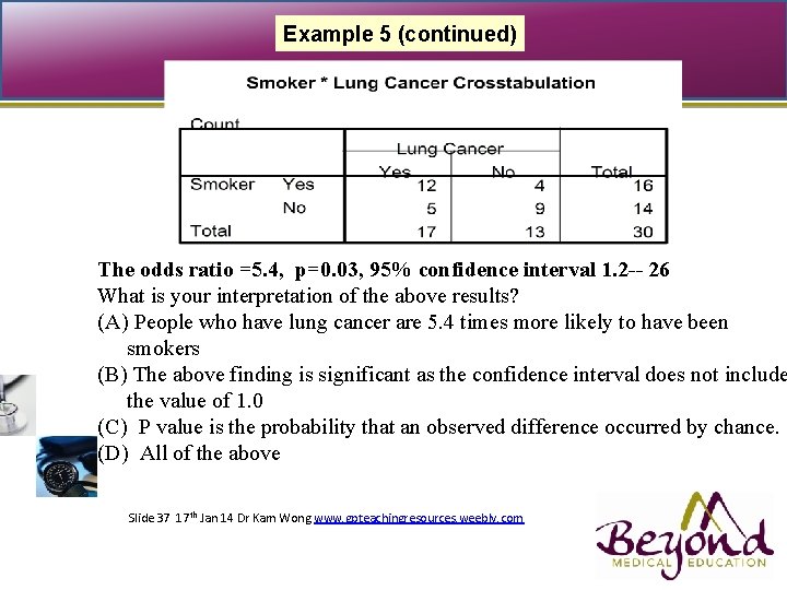 Example 5 (continued) The odds ratio =5. 4, p=0. 03, 95% confidence interval 1.