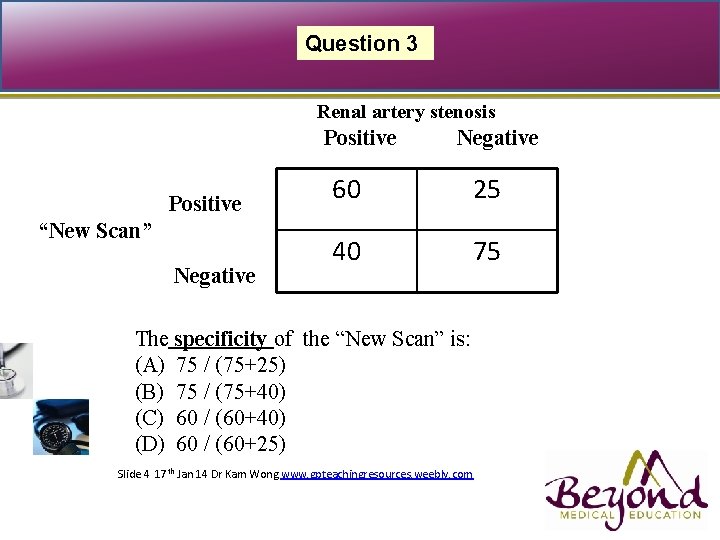 Question 3 Renal artery stenosis Positive “New Scan” Negative 60 25 40 75 The