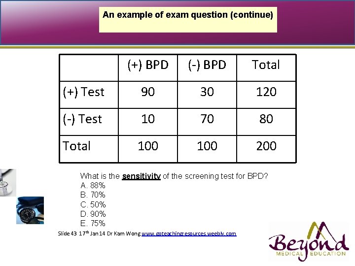 An example of exam question (continue) (+) BPD (-) BPD Total (+) Test 90