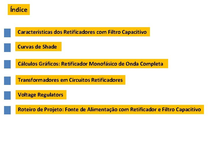 Índice Caracteristicas dos Retificadores com Filtro Capacitivo Curvas de Shade Cálculos Gráficos: Retificador Monofásico