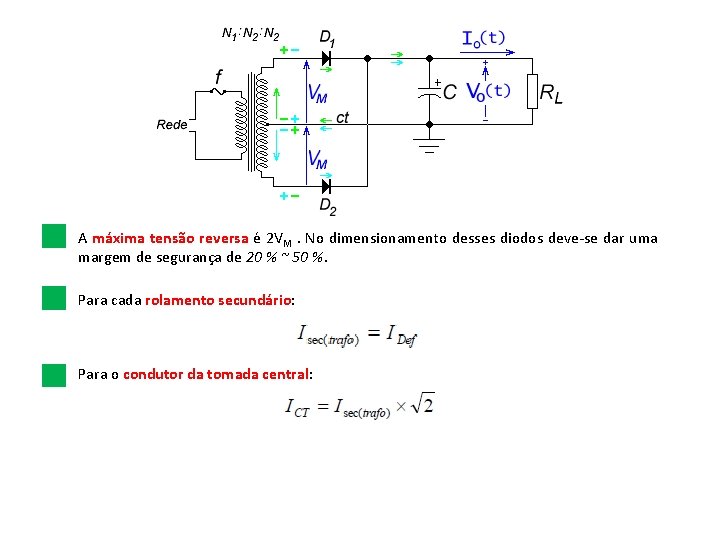 A máxima tensão reversa é 2 VM. No dimensionamento desses diodos deve-se dar uma