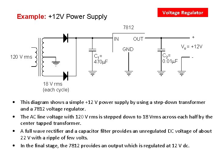 Voltage Regulator Example: +12 V Power Supply 7812 IN + OUT Vo = +12
