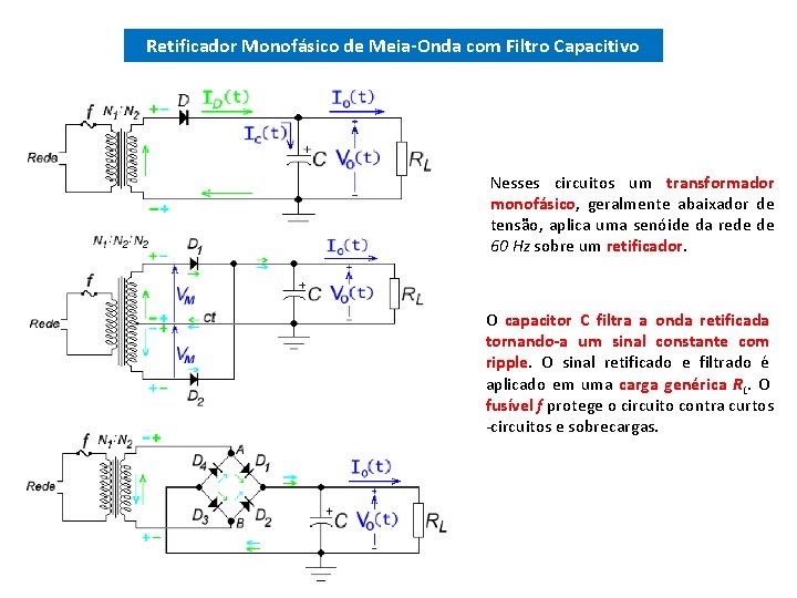 Retificador Monofásico de Meia-Onda com Filtro Capacitivo Nesses circuitos um transformador monofásico, geralmente abaixador