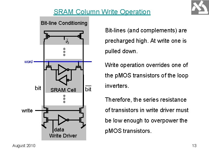 SRAM Column Write Operation Bit-line Conditioning Bit-lines (and complements) are precharged high. At write SRAM Column Write Operation Bit-line Conditioning Bit-lines (and complements) are precharged high. At write