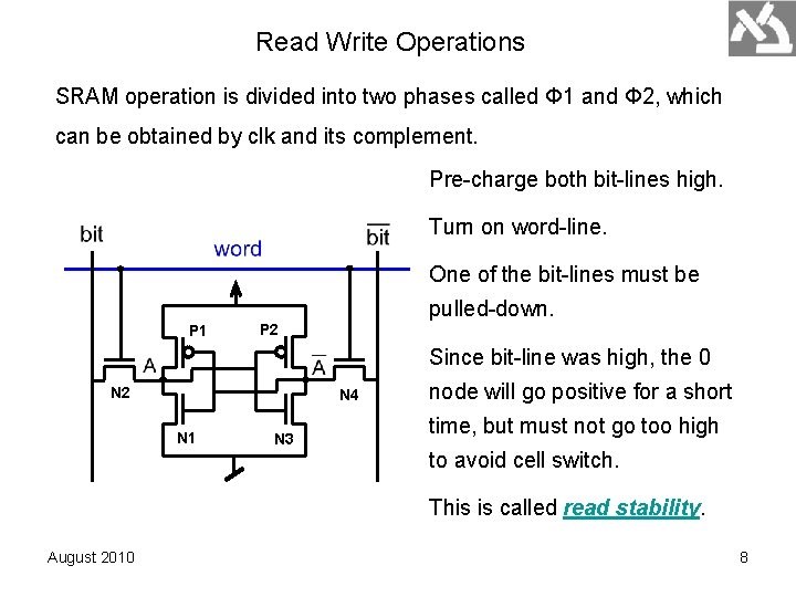 Read Write Operations SRAM operation is divided into two phases called Φ 1 and