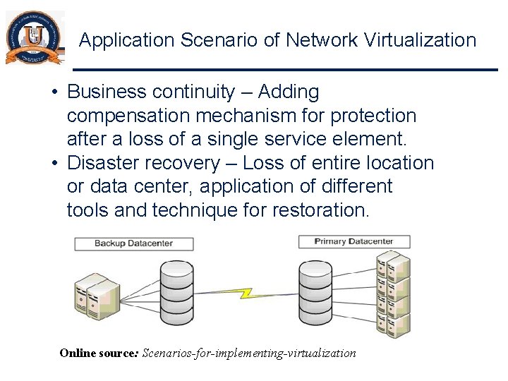 Application Scenario of Network Virtualization • Business continuity – Adding compensation mechanism for protection