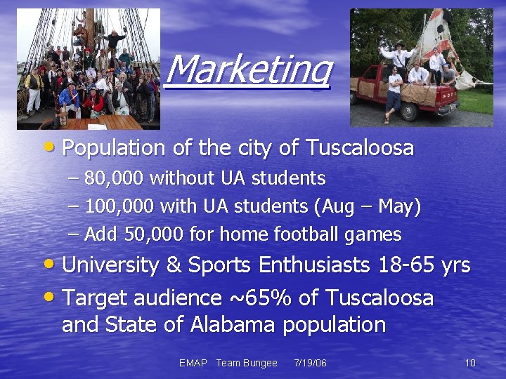 Marketing • Population of the city of Tuscaloosa – 80, 000 without UA students
