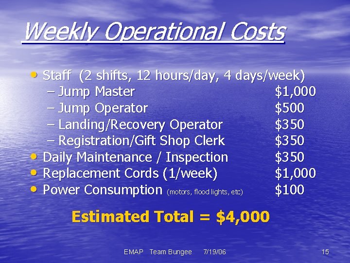 Weekly Operational Costs • Staff (2 shifts, 12 hours/day, 4 days/week) • • •