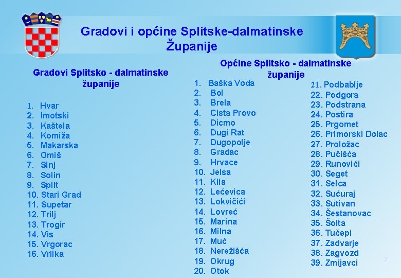 Gradovi i općine Splitske-dalmatinske Županije Gradovi Splitsko - dalmatinske županije 1. Hvar 2. Imotski