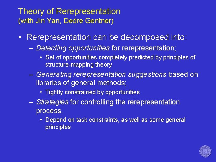 Theory of Rerepresentation (with Jin Yan, Dedre Gentner) • Rerepresentation can be decomposed into: