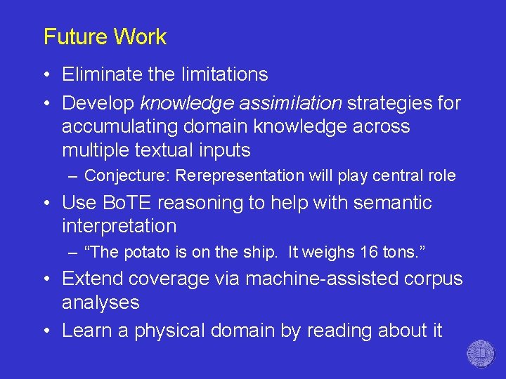 Future Work • Eliminate the limitations • Develop knowledge assimilation strategies for accumulating domain