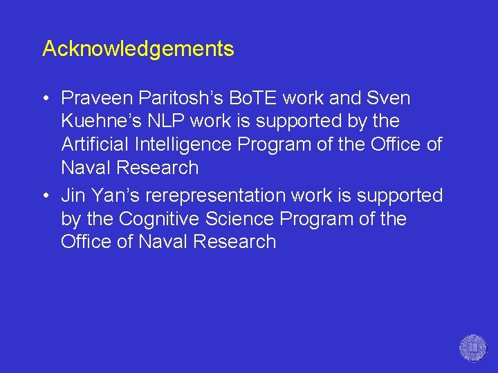 Acknowledgements • Praveen Paritosh’s Bo. TE work and Sven Kuehne’s NLP work is supported