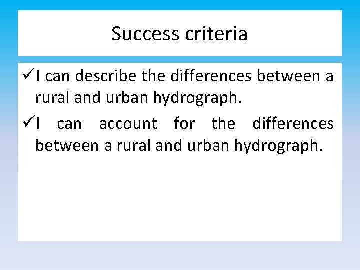 Success criteria üI can describe the differences between a rural and urban hydrograph. üI