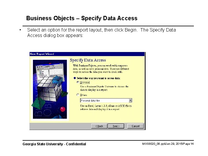Business Objects – Specify Data Access • Select an option for the report layout,