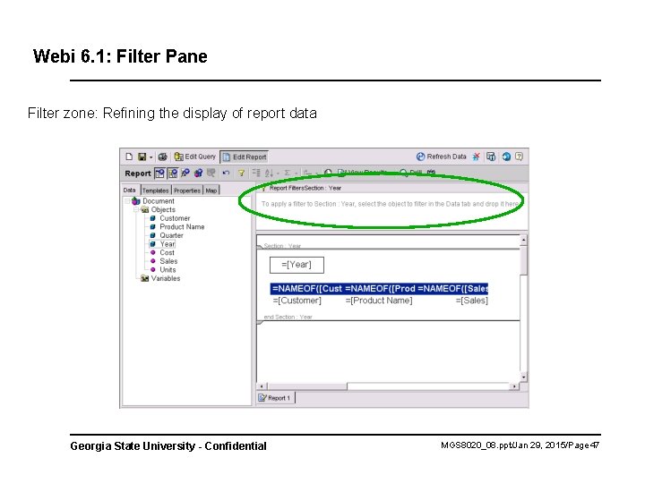 Webi 6. 1: Filter Pane Filter zone: Refining the display of report data Georgia