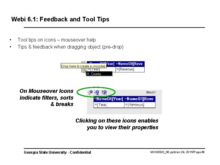 Webi 6. 1: Feedback and Tool Tips • • Tool tips on icons –