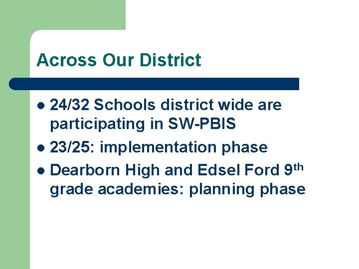 Across Our District 24/32 Schools district wide are participating in SW-PBIS 23/25: implementation phase