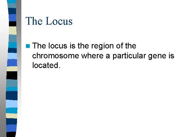 The Locus n The locus is the region of the chromosome where a particular