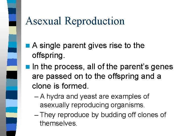 Asexual Reproduction n. A single parent gives rise to the offspring. n In the