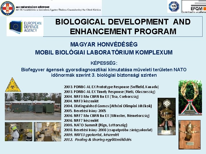 BIOLOGICAL DEVELOPMENT AND ENHANCEMENT PROGRAM MAGYAR HONVÉDÉSÉG MOBIL BIOLÓGIAI LABORATÓRIUM KOMPLEXUM KÉPESSÉG: Biofegyver ágensek