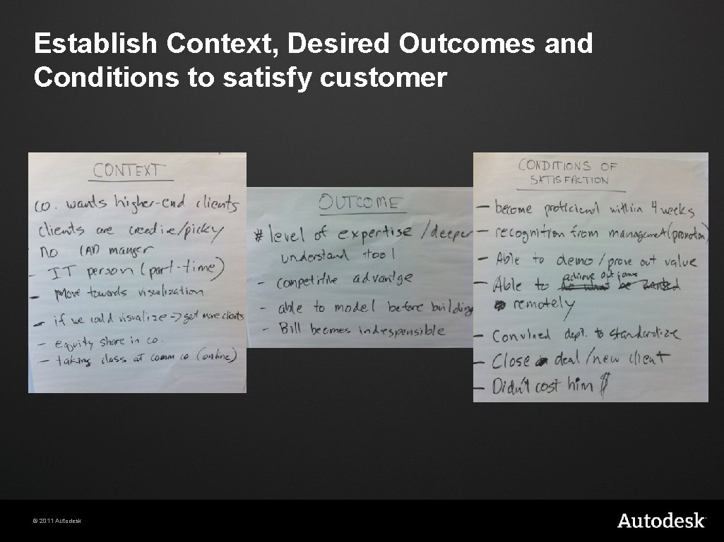 Establish Context, Desired Outcomes and Conditions to satisfy customer © 2011 Autodesk 