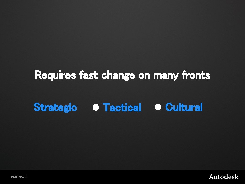 Requires fast change on many fronts Strategic © 2011 Autodesk l Tactical l Cultural