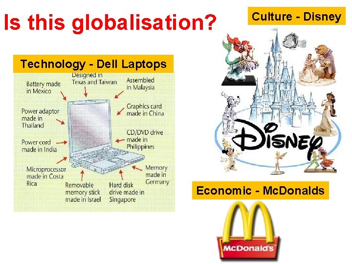 Is this globalisation? Culture - Disney Technology - Dell Laptops Economic - Mc. Donalds