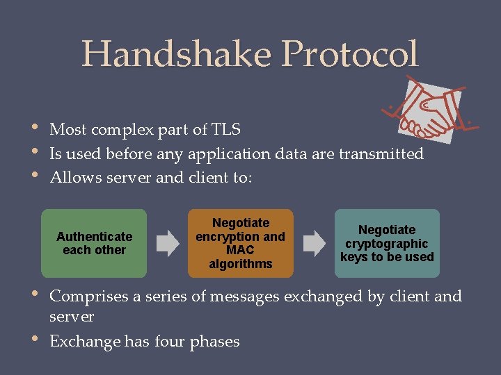 Handshake Protocol • • • Most complex part of TLS Is used before any