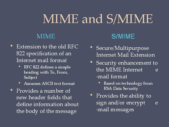 MIME and S/MIME • Extension to the old RFC 822 specification of an Internet