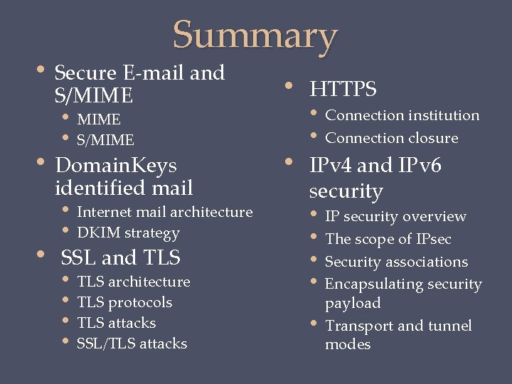 Summary • Secure E-mail and • • S/MIME • S/MIME Domain. Keys identified mail