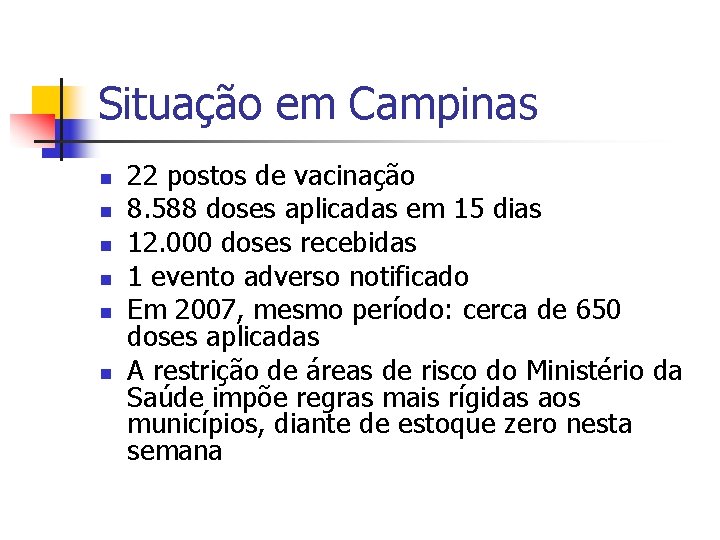 Situação em Campinas n n n 22 postos de vacinação 8. 588 doses aplicadas
