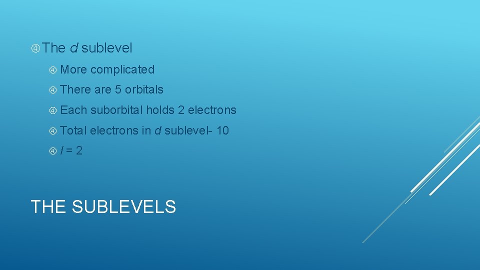  The d sublevel More complicated There are 5 orbitals Each suborbital holds 2