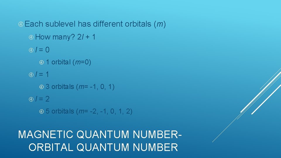  Each sublevel has different orbitals (m) How l =0 1 l orbital (m=0)