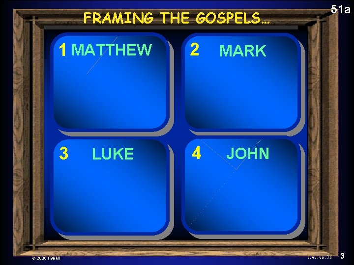 The New Testament FRAMING Comes Together THE GOSPELS… 1 MATTHEW 2 MARK 3 4