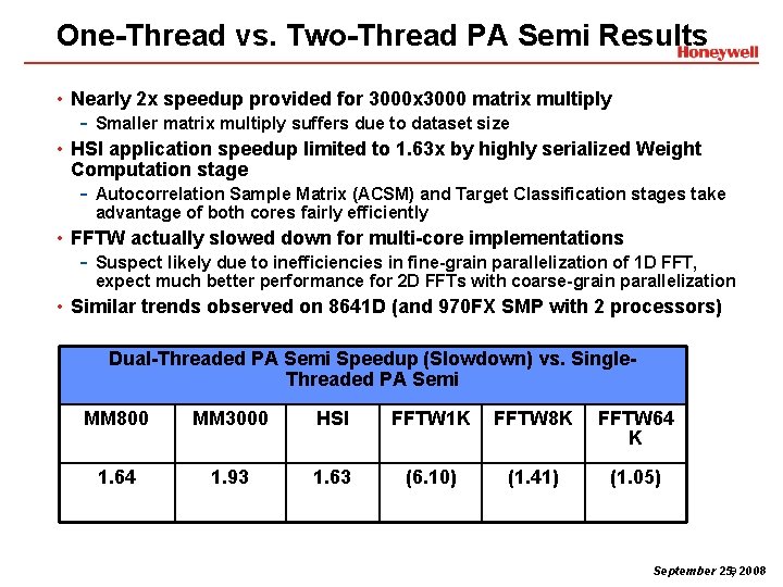One-Thread vs. Two-Thread PA Semi Results • Nearly 2 x speedup provided for 3000