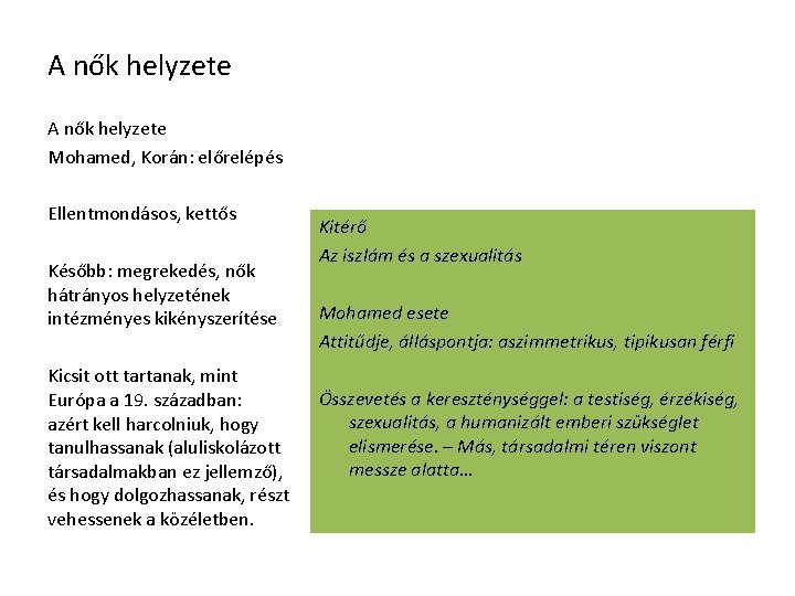 A nők helyzete Mohamed, Korán: előrelépés Ellentmondásos, kettős Később: megrekedés, nők hátrányos helyzetének intézményes A nők helyzete Mohamed, Korán: előrelépés Ellentmondásos, kettős Később: megrekedés, nők hátrányos helyzetének intézményes
