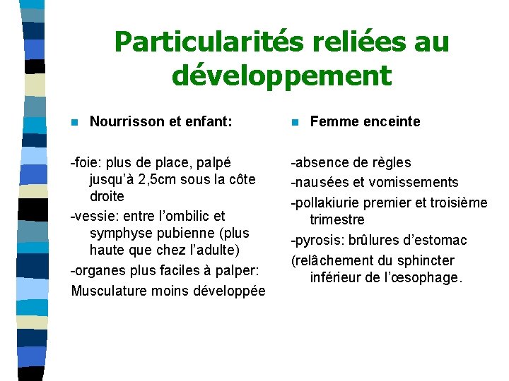 Particularités reliées au développement n Nourrisson et enfant: -foie: plus de place, palpé jusqu’à