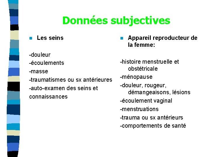 Données subjectives n Les seins -douleur -écoulements -masse -traumatismes ou sx antérieures -auto-examen des