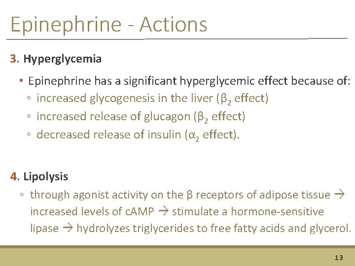 Epinephrine - Actions 3. Hyperglycemia • Epinephrine has a significant hyperglycemic effect because of: